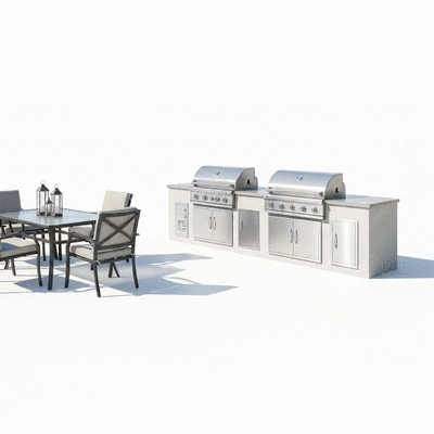 Outdoor kitchen setup with grill and seating