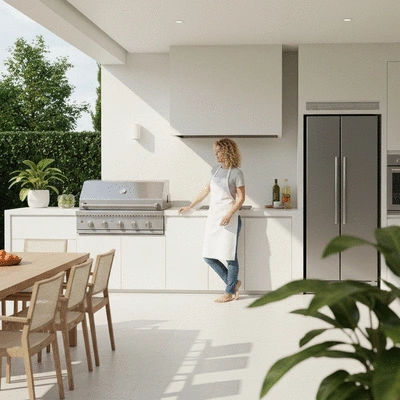 User enjoying a beautifully designed outdoor kitchen