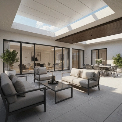 Stylish outdoor living space with a covered patio