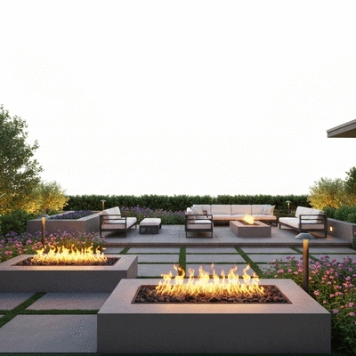 A serene backyard with fire features and an inviting patio