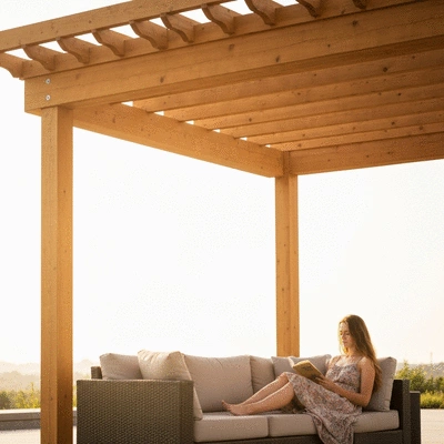 User enjoying outdoor space under a pergola
