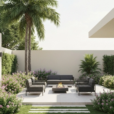 Beautifully designed luxury backyard with seating and greenery