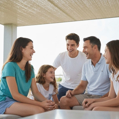 Family enjoying a shaded patio