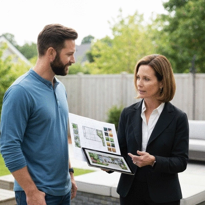 Backyard design consultation with a designer and homeowner