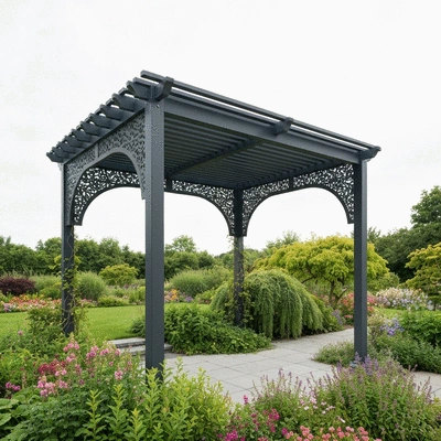 Stylish louvered pergola in a serene garden setting