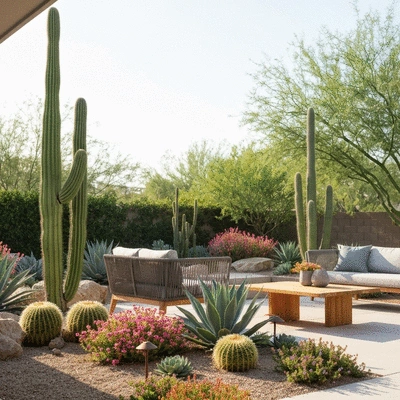 Backyard oasis with desert plants and stylish outdoor furniture