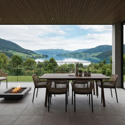 Patio dining setup with scenic views