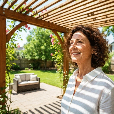 User enjoying a shade under a pergola in a backyard