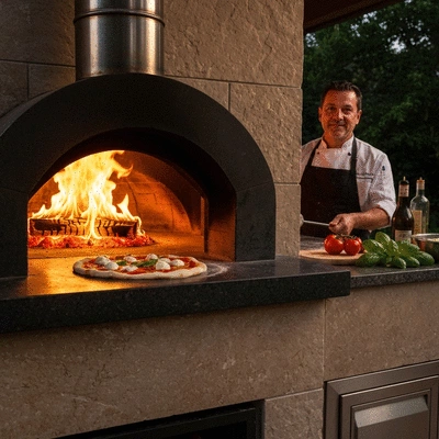 Image of a wood-fired pizza oven in an outdoor kitchen