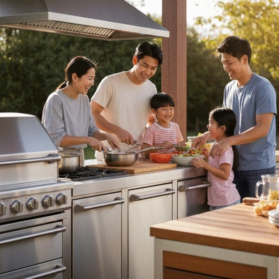 Outdoor kitchen with family cooking together