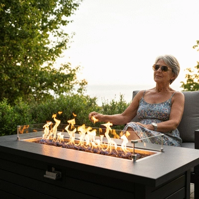 User enjoying a gas fire pit in an outdoor setting