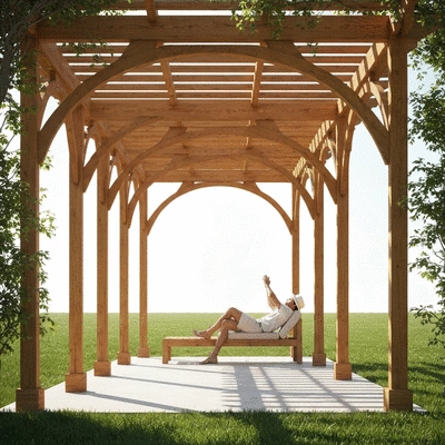 User enjoying a wood pergola in outdoor setting