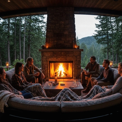 Cozy outdoor gathering around a fireplace