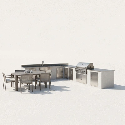 Elegant outdoor kitchen setup with dining area