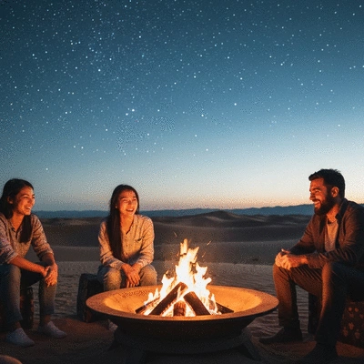 A cozy gathering around a fire pit during a desert evening, with friends enjoying the warmth