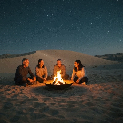 Cozy gathering around a fire pit in a desert setting