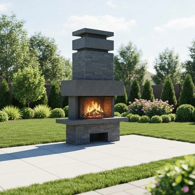 Outdoor fireplace in a backyard setting