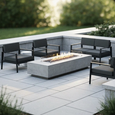 Custom patio design with outdoor seating and a fire pit