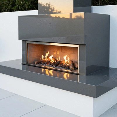 Stylish outdoor gas fireplace setup