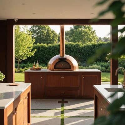 Image of an outdoor kitchen with a pizza oven