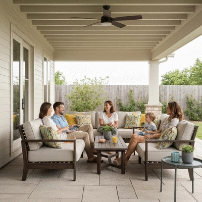 User enjoying a covered patio with family
