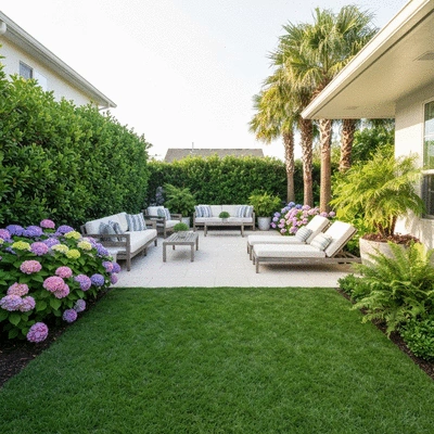 Stunning backyard transformation with outdoor furniture and greenery