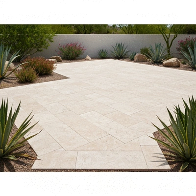 Beautiful travertine patio in a desert garden setting