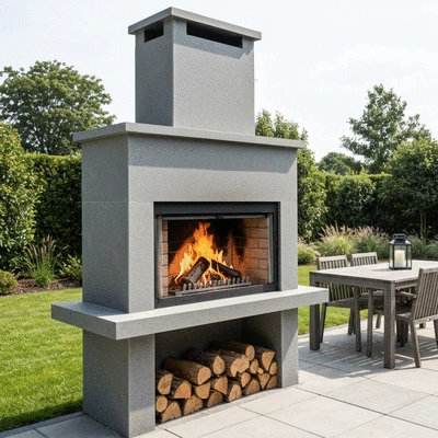 Outdoor fireplace in a backyard setting