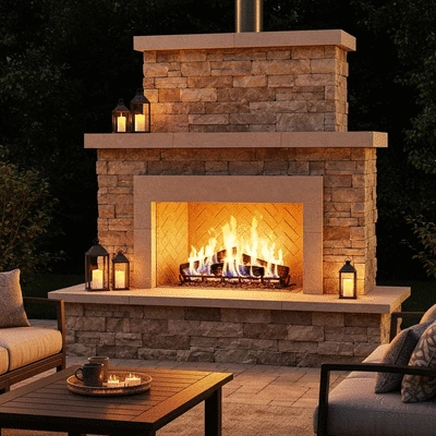 Beautifully designed outdoor fireplace feature at night