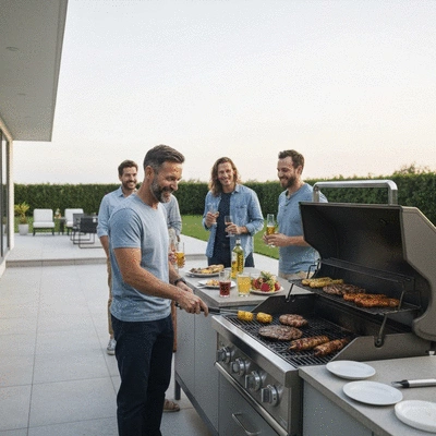 User grilling in an outdoor kitchen with friends