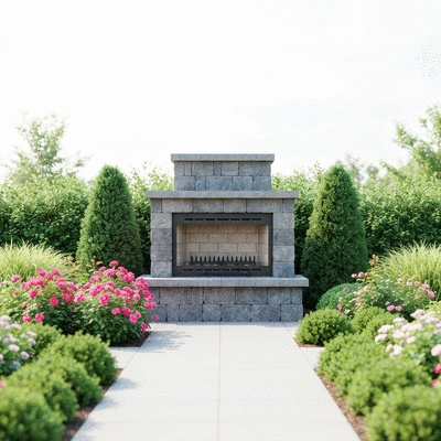 Outdoor fireplace in a backyard setting