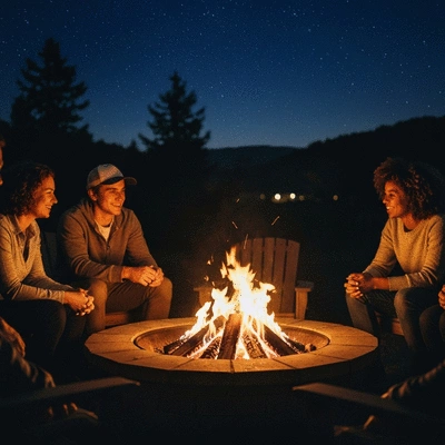 Cozy fire pit setting with people enjoying the outdoors