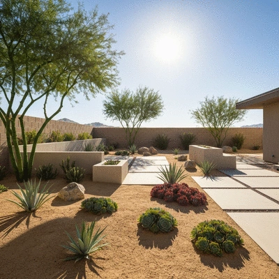 Beautifully designed backyard with desert landscaping