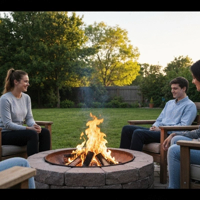 User gathering around a fire pit in a cozy backyard setting