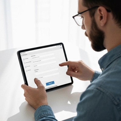 User submitting online form on tablet