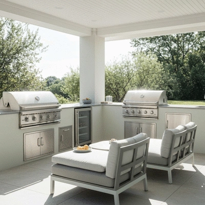 Stylish outdoor kitchen with modern appliances and seating