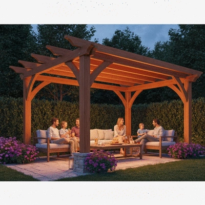 Lifestyle image of a family enjoying their outdoor pergola