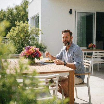 User enjoying a meal outdoors on a patio