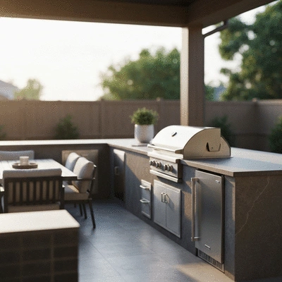 Backyard renovation with outdoor kitchen and seating