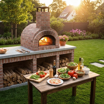 Outdoor pizza oven in a backyard setting