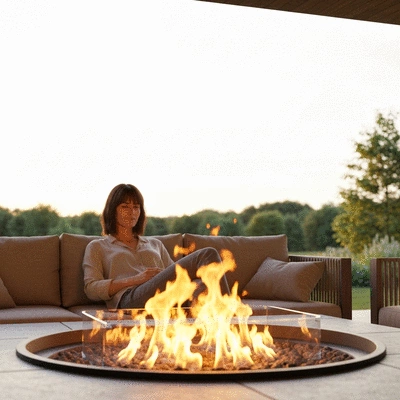User enjoying a fire pit in an outdoor setting