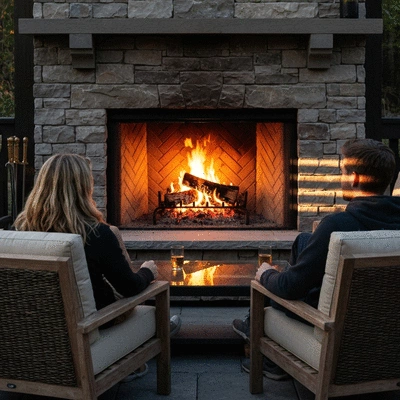 Cozy outdoor fireplace setup with seating