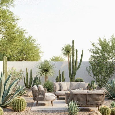 Backyard oasis with desert plants and outdoor seating